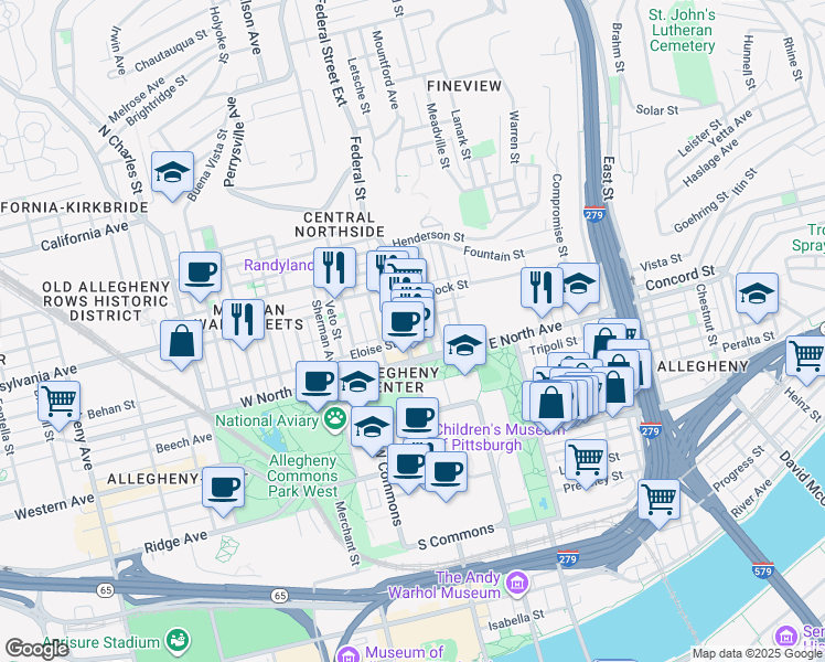 map of restaurants, bars, coffee shops, grocery stores, and more near 1221 Federal Street in Pittsburgh