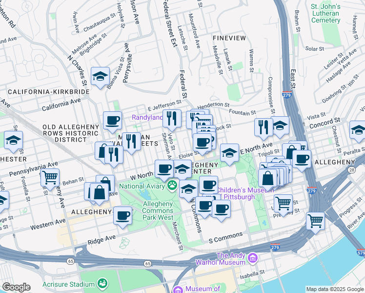 map of restaurants, bars, coffee shops, grocery stores, and more near 1231 Butterfield Way in Pittsburgh