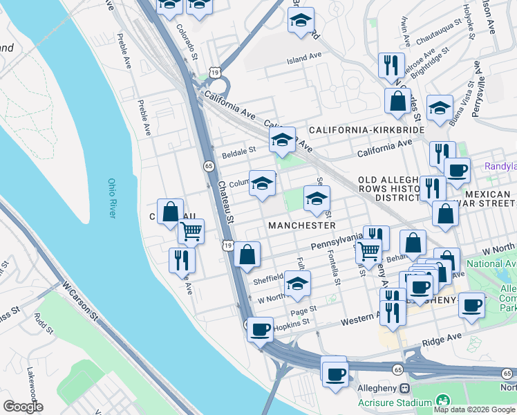 map of restaurants, bars, coffee shops, grocery stores, and more near 1612 Manhattan Street in Pittsburgh