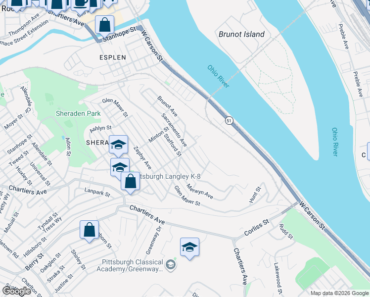 map of restaurants, bars, coffee shops, grocery stores, and more near 2900 Sacramento Avenue in Pittsburgh