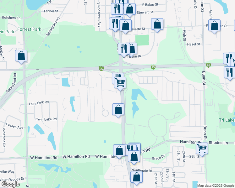 map of restaurants, bars, coffee shops, grocery stores, and more near 102 Oak Creek Plaza in Bloomington