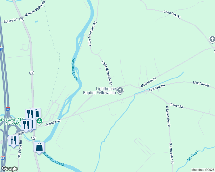 map of restaurants, bars, coffee shops, grocery stores, and more near 7 Little Mountain Road in Jonestown