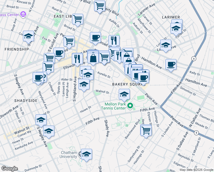 map of restaurants, bars, coffee shops, grocery stores, and more near 6350 Marchand Street in Pittsburgh