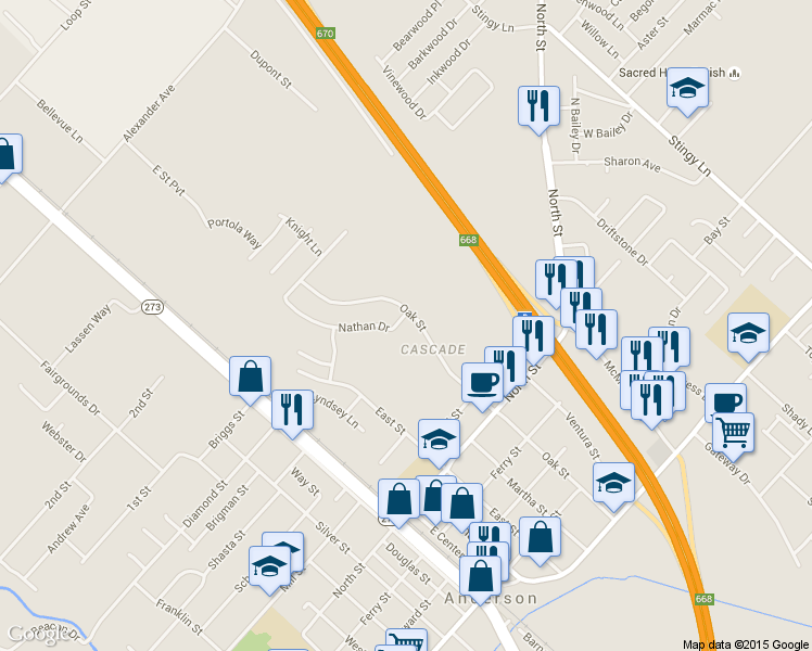map of restaurants, bars, coffee shops, grocery stores, and more near 3319 Nathan Drive in Anderson