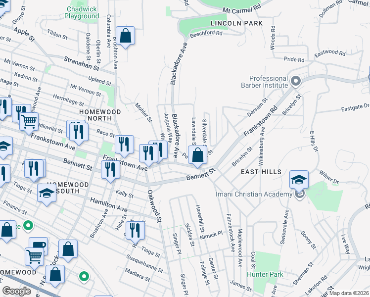 map of restaurants, bars, coffee shops, grocery stores, and more near 1017 Hallam St in Pittsburgh