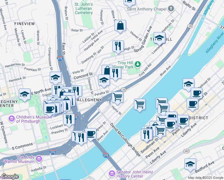 map of restaurants, bars, coffee shops, grocery stores, and more near 1034 Peralta Street in Pittsburgh
