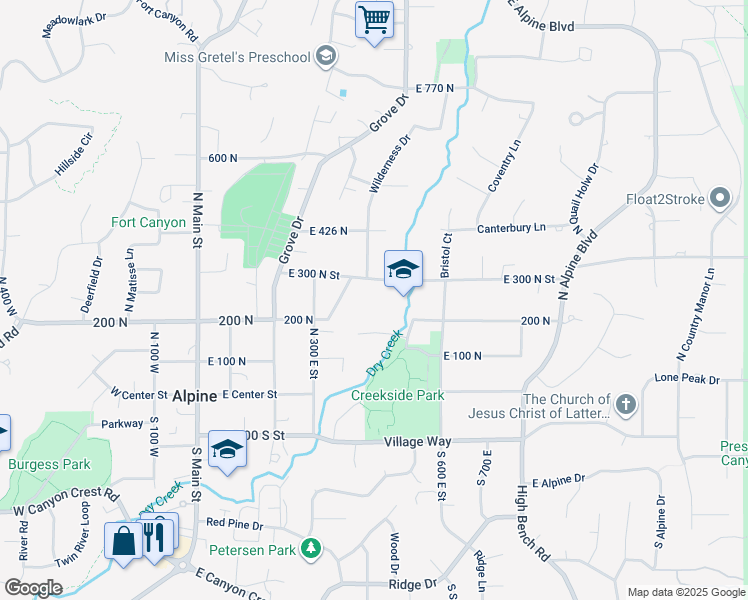map of restaurants, bars, coffee shops, grocery stores, and more near 400 East 300 North in Alpine