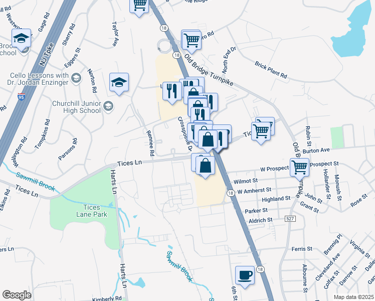 map of restaurants, bars, coffee shops, grocery stores, and more near 342 Crosspointe Drive in East Brunswick