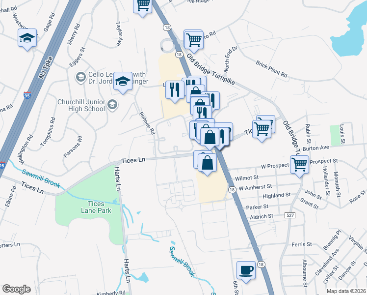 map of restaurants, bars, coffee shops, grocery stores, and more near 21 Lear Court in East Brunswick