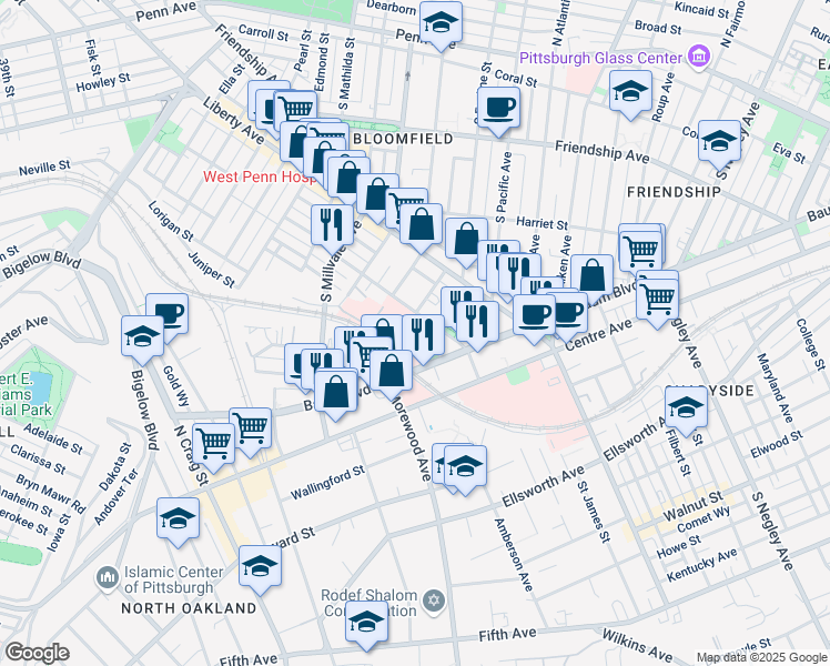 map of restaurants, bars, coffee shops, grocery stores, and more near 5137 Woodworth Street in Pittsburgh