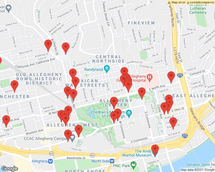 map of restaurants, bars, coffee shops, grocery stores, and more near Veto Street & Gentry Way in Pittsburgh