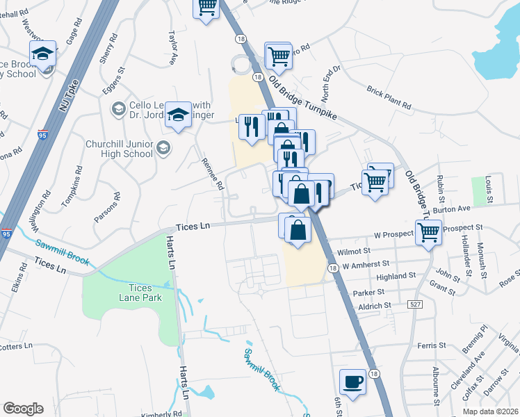 map of restaurants, bars, coffee shops, grocery stores, and more near 23 Lear Court in East Brunswick