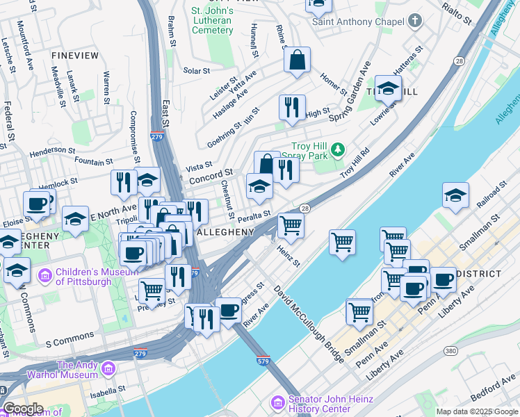 map of restaurants, bars, coffee shops, grocery stores, and more near 1018 Peralta Street in Pittsburgh