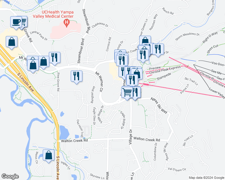 map of restaurants, bars, coffee shops, grocery stores, and more near 2160 Mount Werner Circle in Steamboat Springs