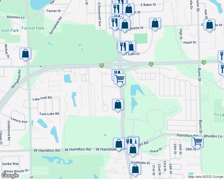 map of restaurants, bars, coffee shops, grocery stores, and more near 108 Oak Creek Plaza in Bloomington