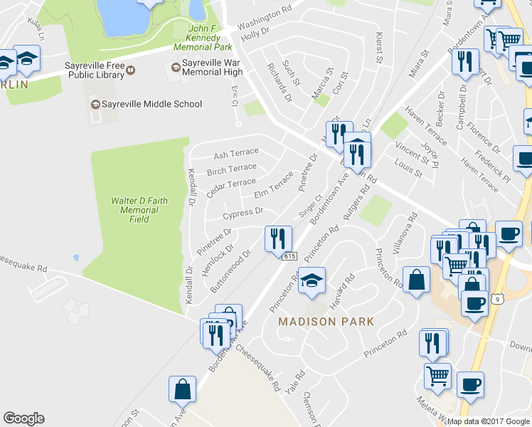 map of restaurants, bars, coffee shops, grocery stores, and more near 8 Cypress Drive in Sayreville