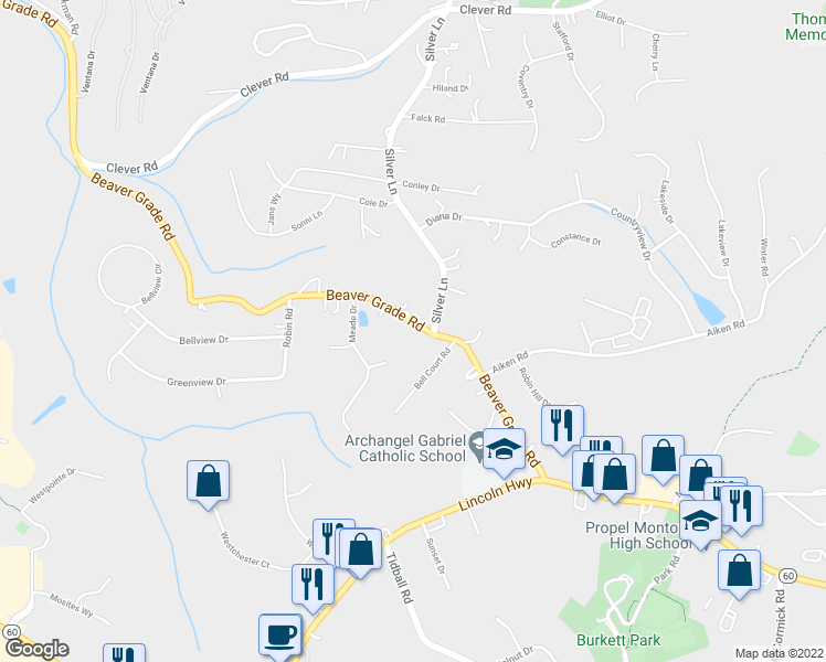 map of restaurants, bars, coffee shops, grocery stores, and more near 57 Beaver Grade Road in McKees Rocks