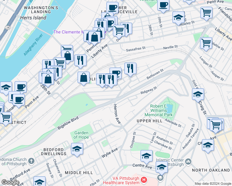 map of restaurants, bars, coffee shops, grocery stores, and more near 3208 Brereton Street in Pittsburgh