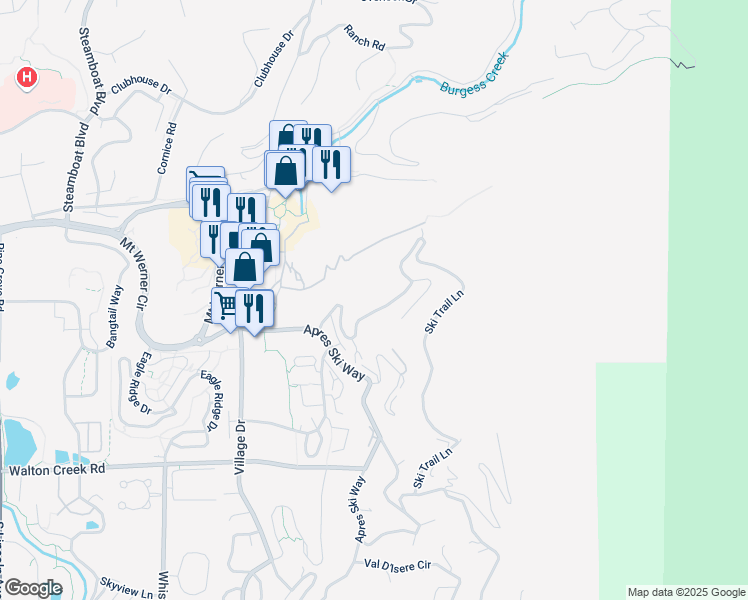 map of restaurants, bars, coffee shops, grocery stores, and more near 2398 Ski Trail Lane in Steamboat Springs