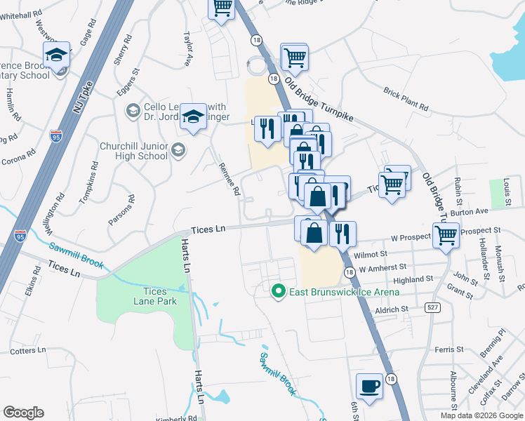 map of restaurants, bars, coffee shops, grocery stores, and more near 23 Lear Court in East Brunswick