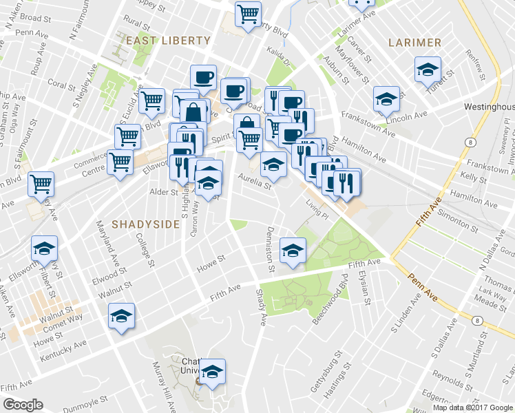 map of restaurants, bars, coffee shops, grocery stores, and more near 6336 Marchand Street in Pittsburgh