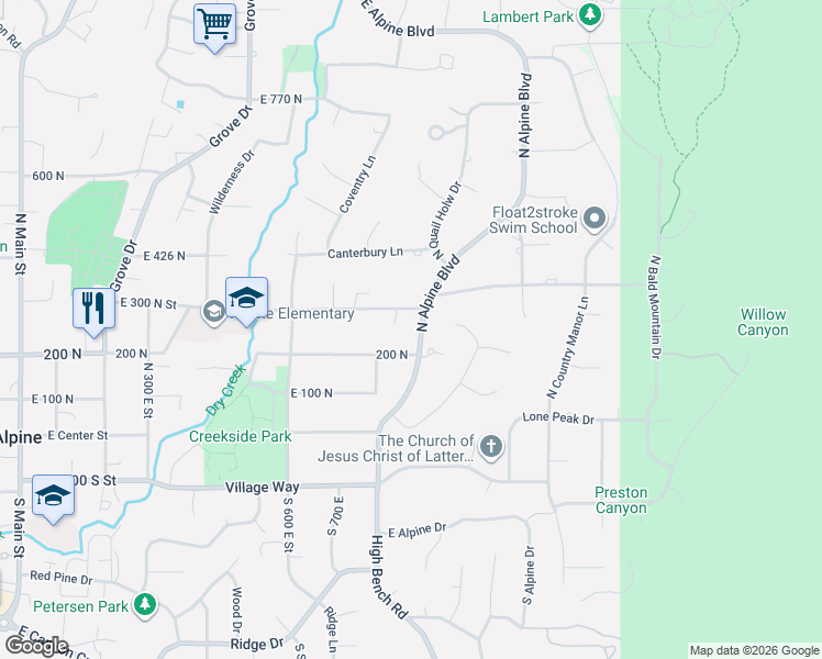 map of restaurants, bars, coffee shops, grocery stores, and more near 257 Alpine Boulevard in Alpine