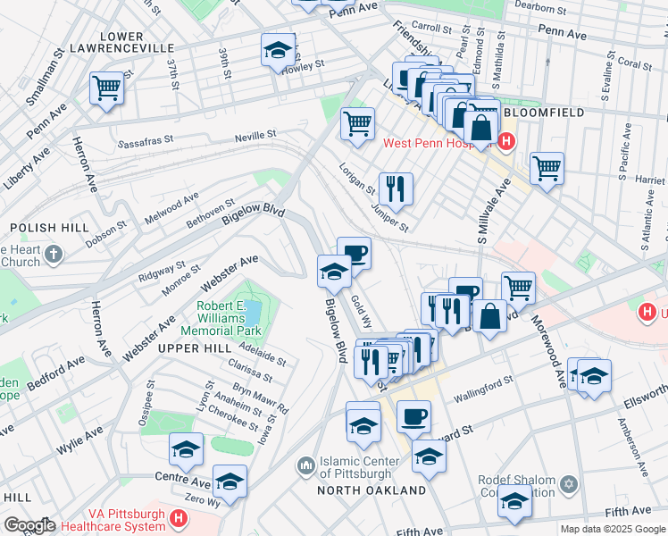 map of restaurants, bars, coffee shops, grocery stores, and more near 3771 Bigelow Boulevard in Pittsburgh