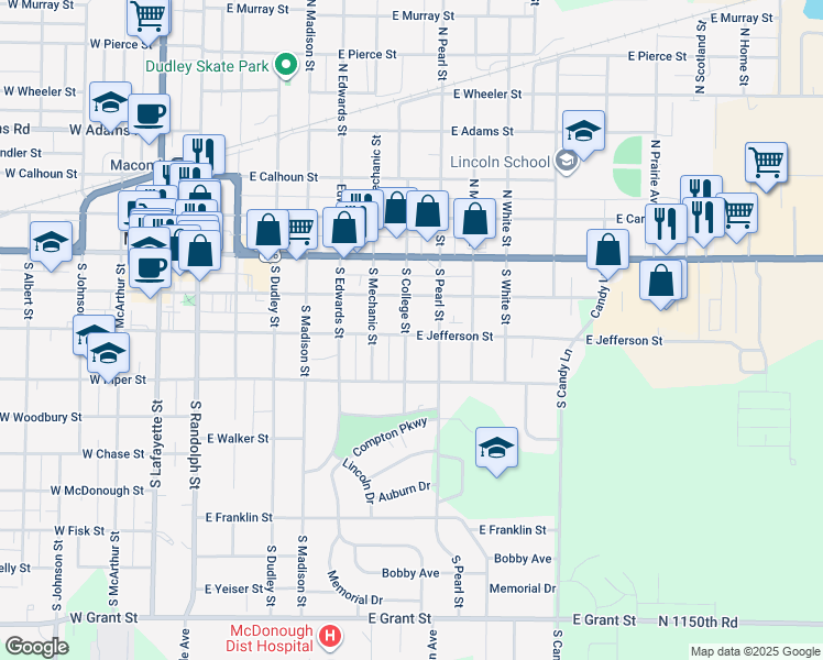 map of restaurants, bars, coffee shops, grocery stores, and more near 804 East Jefferson Street in Macomb