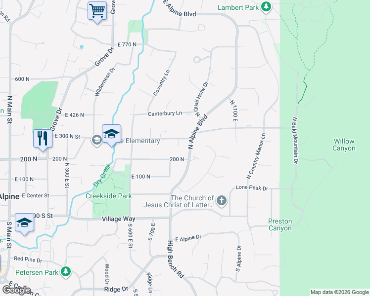 map of restaurants, bars, coffee shops, grocery stores, and more near 257 Alpine Boulevard in Alpine
