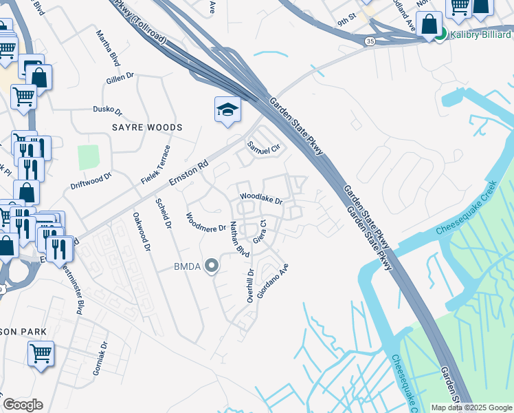 map of restaurants, bars, coffee shops, grocery stores, and more near 131 Giera Court in Sayreville