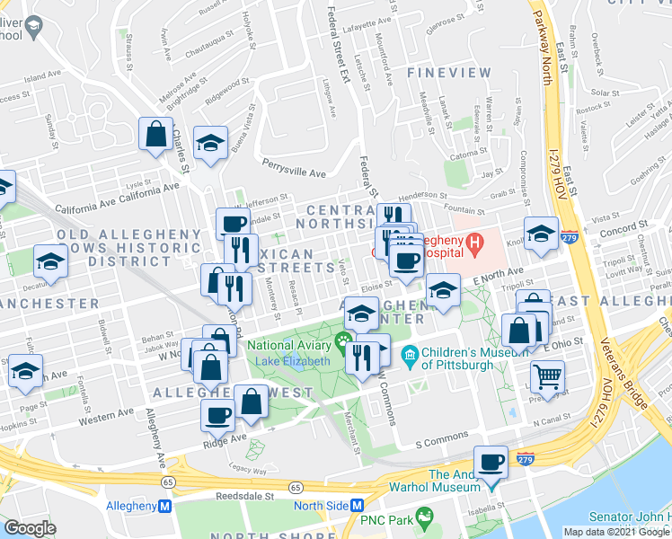 map of restaurants, bars, coffee shops, grocery stores, and more near 1302 Sherman Avenue in Pittsburgh