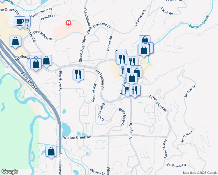 map of restaurants, bars, coffee shops, grocery stores, and more near 2160 Mount Werner Circle in Steamboat Springs