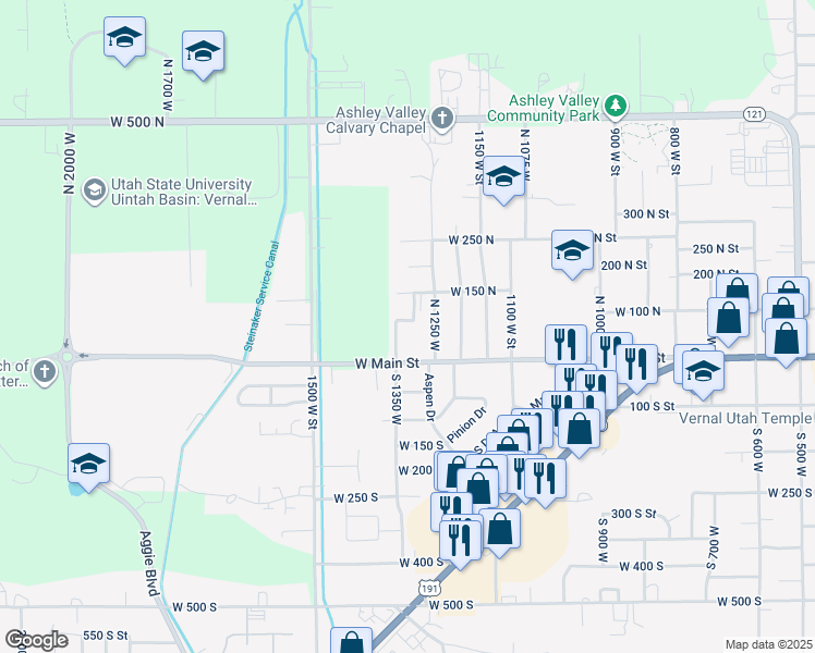 map of restaurants, bars, coffee shops, grocery stores, and more near 1350 West 150 North in Vernal