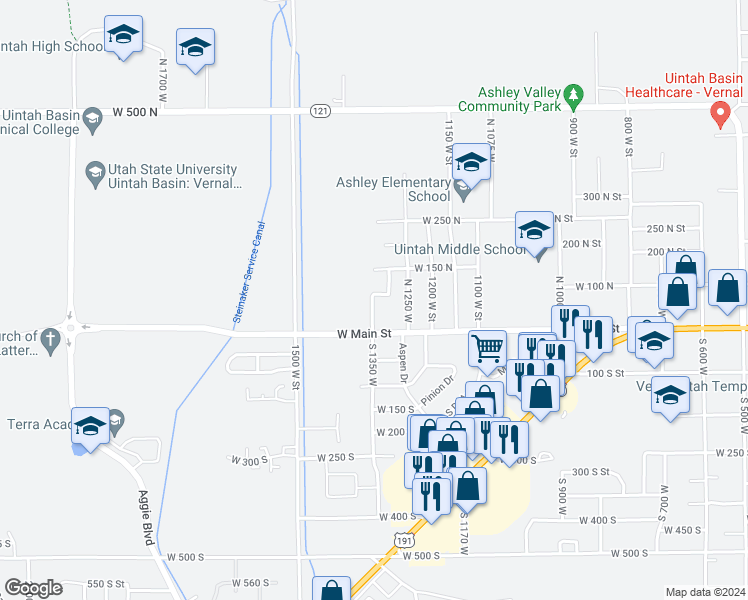 map of restaurants, bars, coffee shops, grocery stores, and more near 1350 West 150 North in Vernal