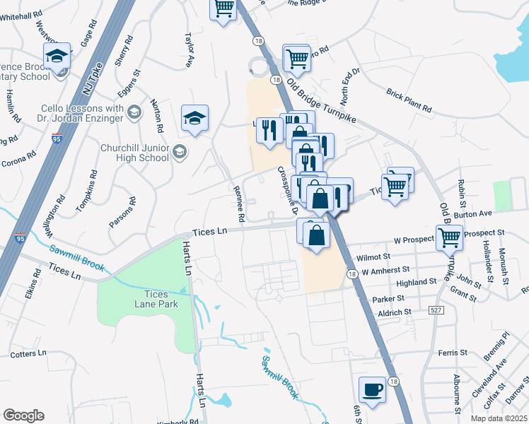map of restaurants, bars, coffee shops, grocery stores, and more near 23 Lear Court in East Brunswick