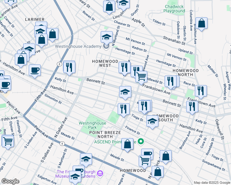 map of restaurants, bars, coffee shops, grocery stores, and more near 712 North Lang Avenue in Pittsburgh