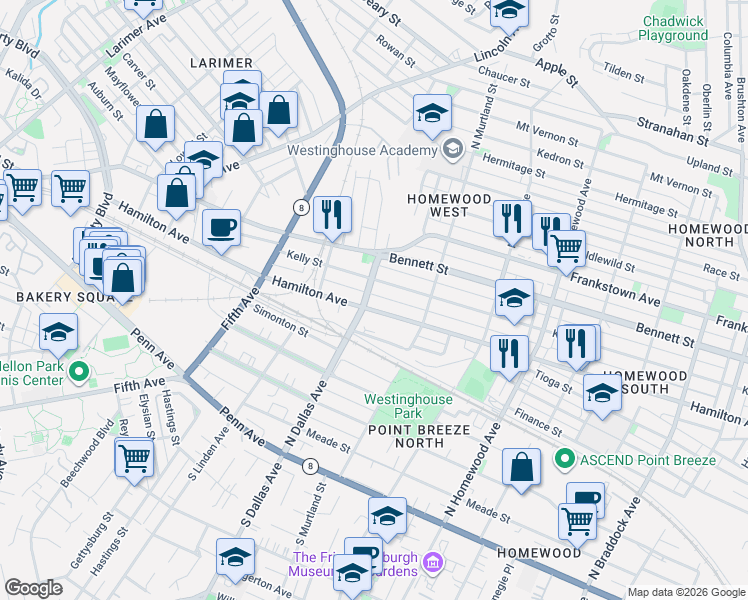 map of restaurants, bars, coffee shops, grocery stores, and more near 6815 Hamilton Avenue in Pittsburgh