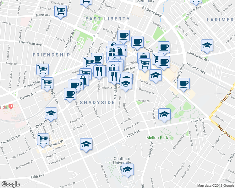 map of restaurants, bars, coffee shops, grocery stores, and more near 325 South Highland Avenue in Pittsburgh