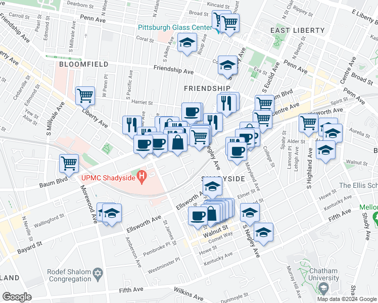 map of restaurants, bars, coffee shops, grocery stores, and more near 5550 Centre Avenue in Pittsburgh