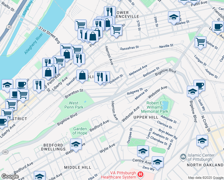map of restaurants, bars, coffee shops, grocery stores, and more near 3116 Brereton Street in Pittsburgh