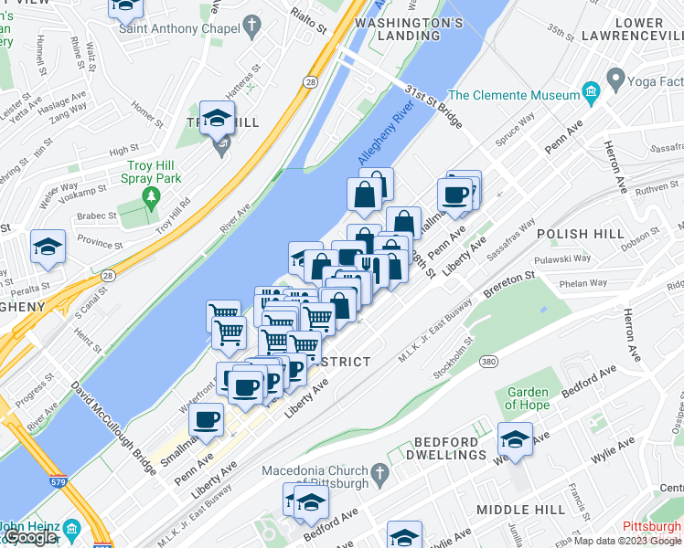 map of restaurants, bars, coffee shops, grocery stores, and more near 02 26th Street in Pittsburgh