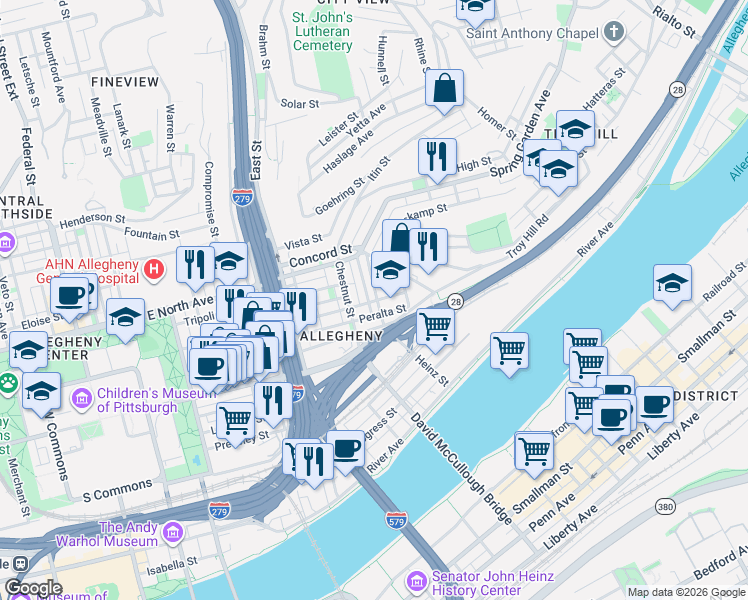 map of restaurants, bars, coffee shops, grocery stores, and more near 1018 Peralta Street in Pittsburgh