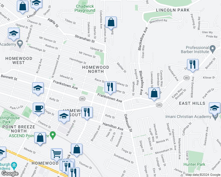 map of restaurants, bars, coffee shops, grocery stores, and more near Brushton Avenue & Baxter Street in Pittsburgh