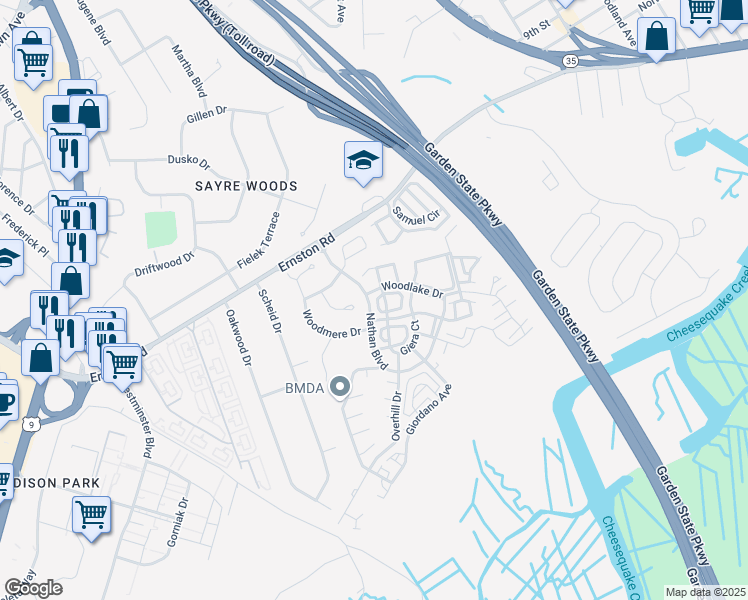 map of restaurants, bars, coffee shops, grocery stores, and more near 53 Nathan Boulevard in Sayreville