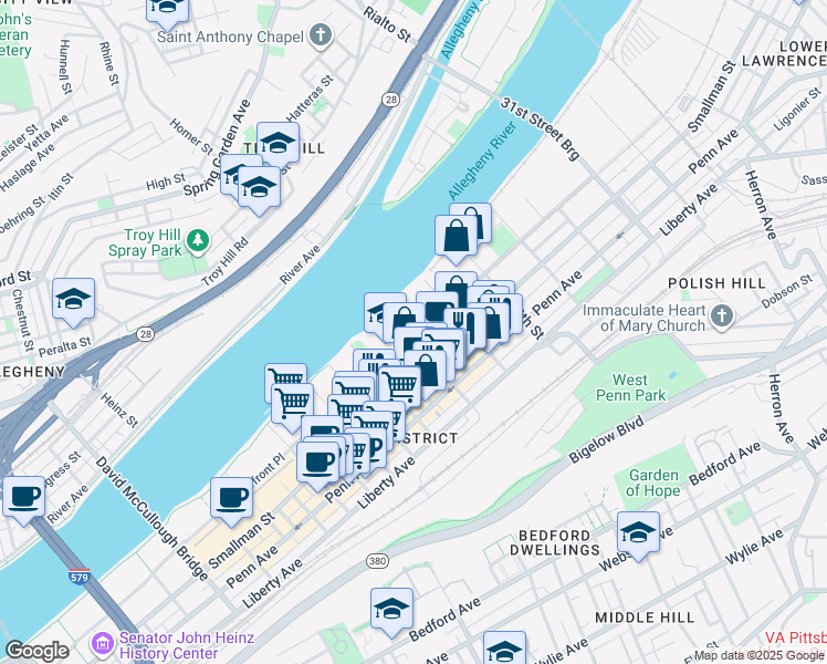 map of restaurants, bars, coffee shops, grocery stores, and more near 02 26th Street in Pittsburgh