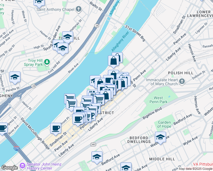 map of restaurants, bars, coffee shops, grocery stores, and more near 2634 Railroad Street in Pittsburgh