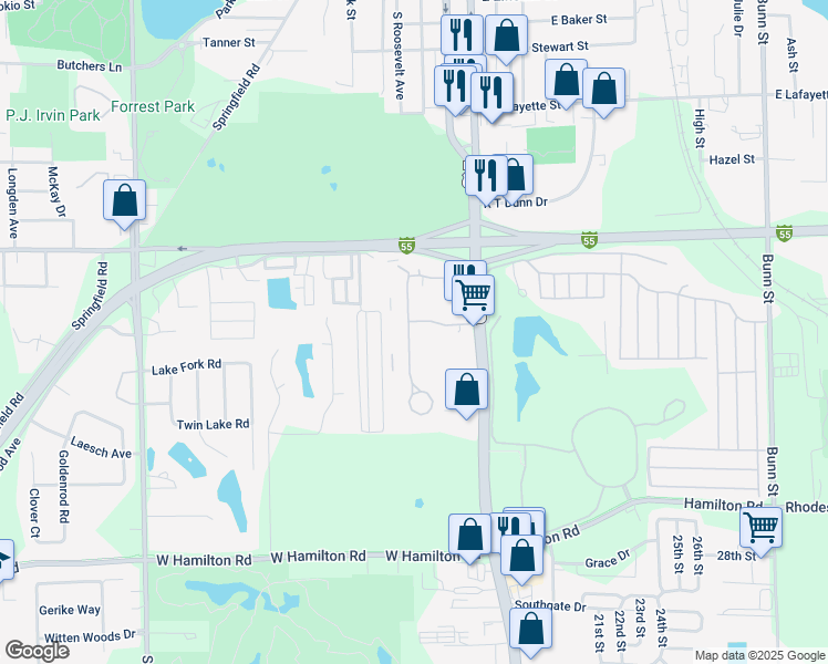 map of restaurants, bars, coffee shops, grocery stores, and more near 1916 Tracy Drive in Bloomington