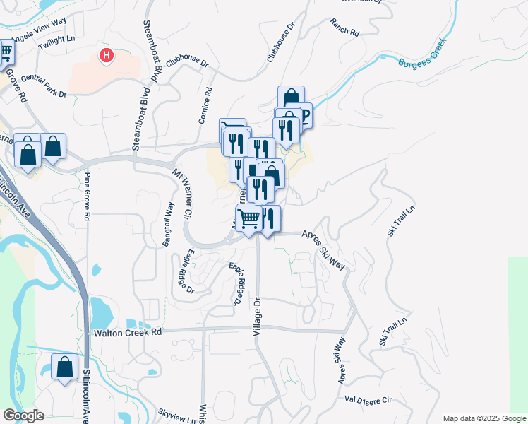 map of restaurants, bars, coffee shops, grocery stores, and more near 2250 Apres Ski Way in Steamboat Springs