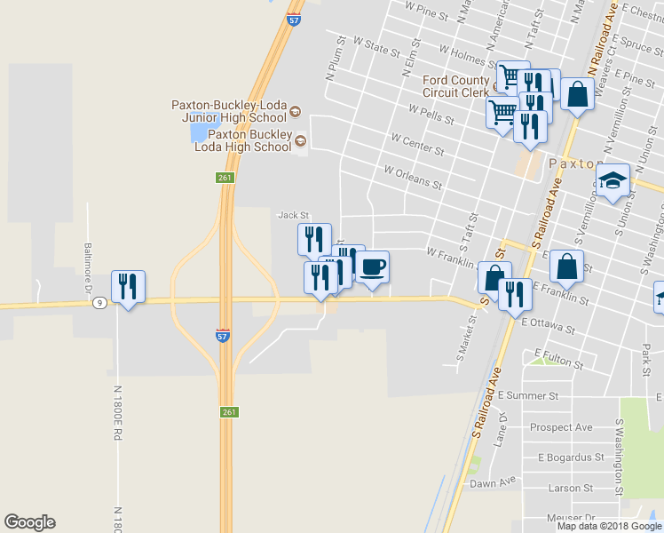 map of restaurants, bars, coffee shops, grocery stores, and more near 530 South Cherry Street in Paxton
