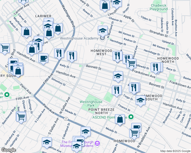 map of restaurants, bars, coffee shops, grocery stores, and more near 6960 Kelly Street in Pittsburgh